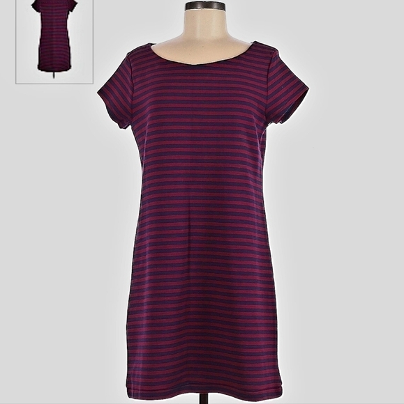 GAP Navy Maroon Striped Shift Dress Women's Medium M Ribbed Short Sleeve EUC - Picture 1 of 7